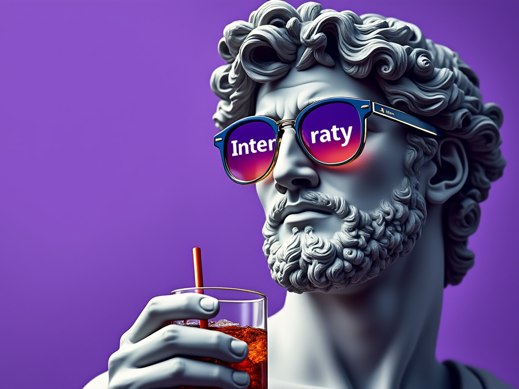 Greek god Apollo statue wearing glasses and holding a drink, purple background, text 'pixiso' on glasses